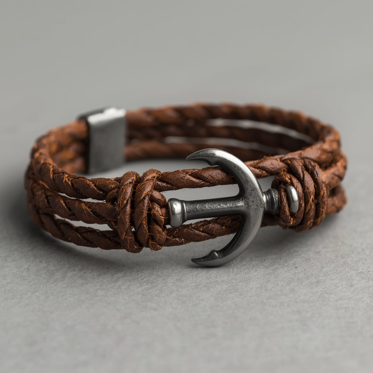 Braided Leather & Steel Anchor Bracelet